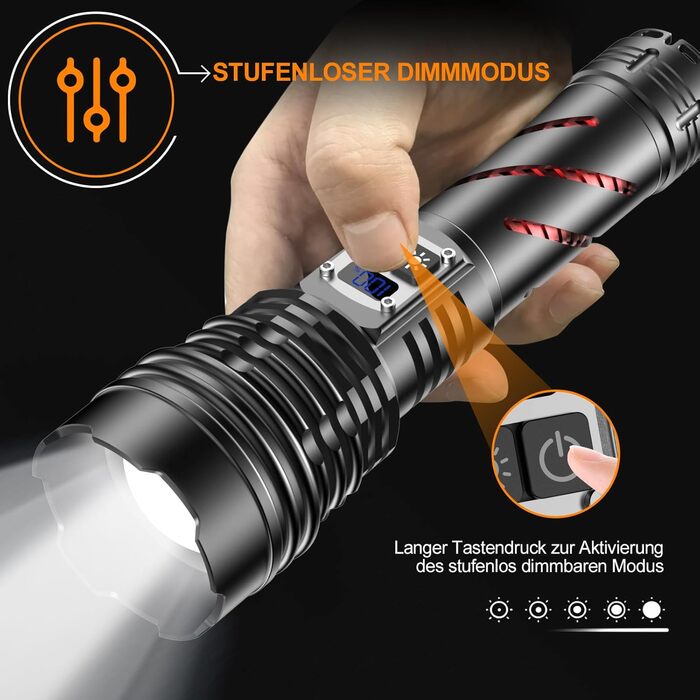 Потужний тактичний ліхтар Relybo LED, 1000000 Люмен, акумуляторний з USB-зарядкою, регулювання яскравості, водонепроникний для кемпінгу та екстрених ситуацій, чорний