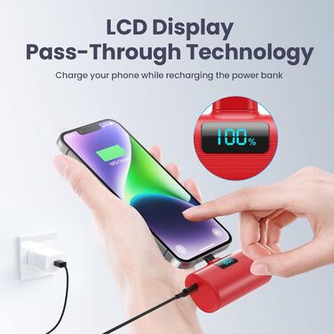 Швидка зарядка PD 20 Вт, LCD дисплей, сумісний з iPhone (червоний), 5200mAh