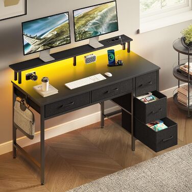 Комп'ютерний стіл Seventable з розетками та LED-підсвічуванням, 100 см, ігровий стіл з 5 ящиками та підставкою для монітора, для офісу, робочого кабінету, спальні, вітальні, чорний