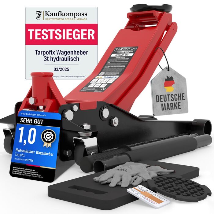 Гідравлічний домкрат Tarpofix® для легкових авто та SUV (3т, 85-475мм), низькопрофільний, подвійний циліндр, червоний