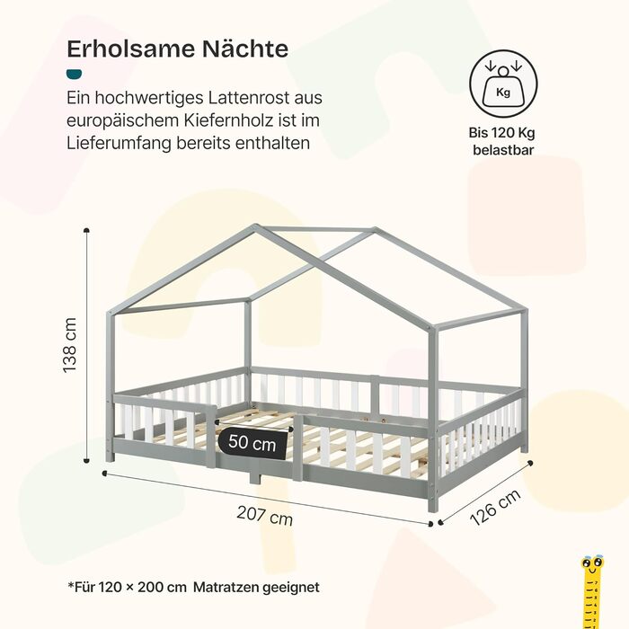 Дитяче ліжко Treviolo Hausbett від en.casa: дерев'яне ліжко Montessori з захистом від падіння, 120x200 см