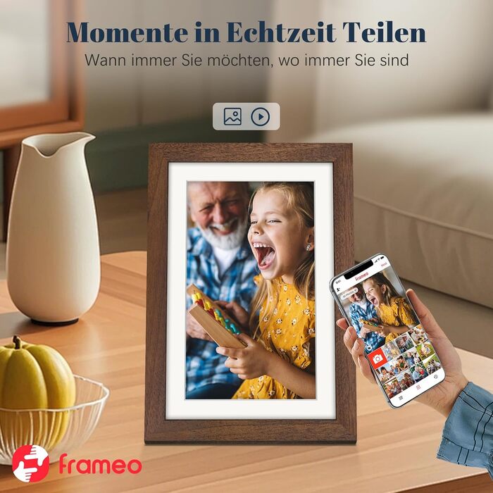 Цифровий фоторамка Frameo 10.1 дюйма з Wi-Fi, горіхове дерево, 32GB, IPS Touchscreen, Wi-Fi, фото/відео через додаток Frameo, подарунок для чоловіків та жінок