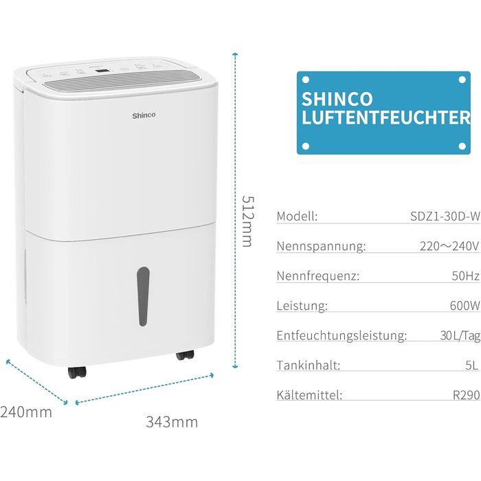 SHINCO 30L Електричний Зволожувач Повітря з Wi-Fi, для 105 м³, Автоматичний перезапуск, Таймер 24h, Фільтр Активне Вугілля, Безперервний Відлив SDZ1-30D