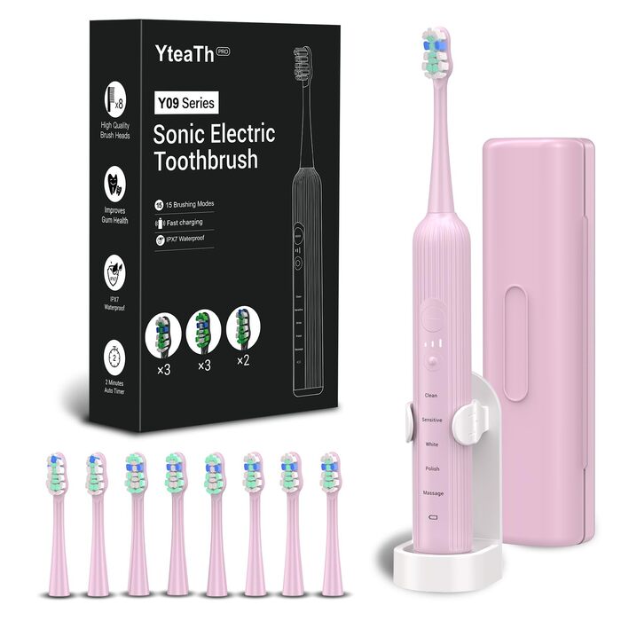 Електрична звукова зубна щітка для дорослих і дітей, 5 режимів чищення, 3 рівні інтенсивності, таймер, 8 насадок, кейс для подорожей, акумуляторна (Рожева, 1 шт.)