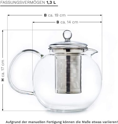 Скляний чайник Creano об'ємом 1,3 л Каструля з нержавіючої сталі, скляний чайник з 3 предметів з вбудованим ситечком з нержавіючої сталі і скляною кришкою