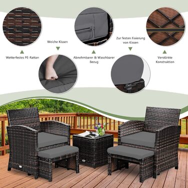 GIANTEX Набір садово-розслаблюючих меблів з ротангу для балкону/саду (2 крісла з пуфами), сірі подушки