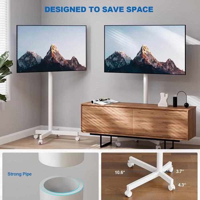Мобільний телевізійний візок HOLMAXD: регульований стійкий стенд для телевізорів 58-165 см (23-65 дюймів), до 50 кг, з нахиленою підставкою, білий, для саду
