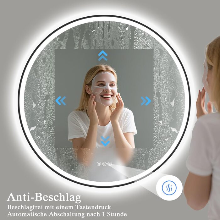 Дзеркало для ванної кімнати з підсвічуванням LED, кругле, 50 см, сенсорне керування, регулювання яскравості, функція пам'яті, захисне скло HD, захист від вибуху, Bluetooth, антизапар, металевий каркас, 60x60 см
