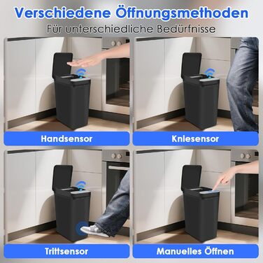 Набір з 2 відер для сміття з сенсором, 12л, автоматичний відкривання кришки, 3 режими роботи, тихе, водонепроникне, інтелектуальне відро для сміття, для кухні, офісу, вітальні, ванної кімнати (Чорний+Білий)