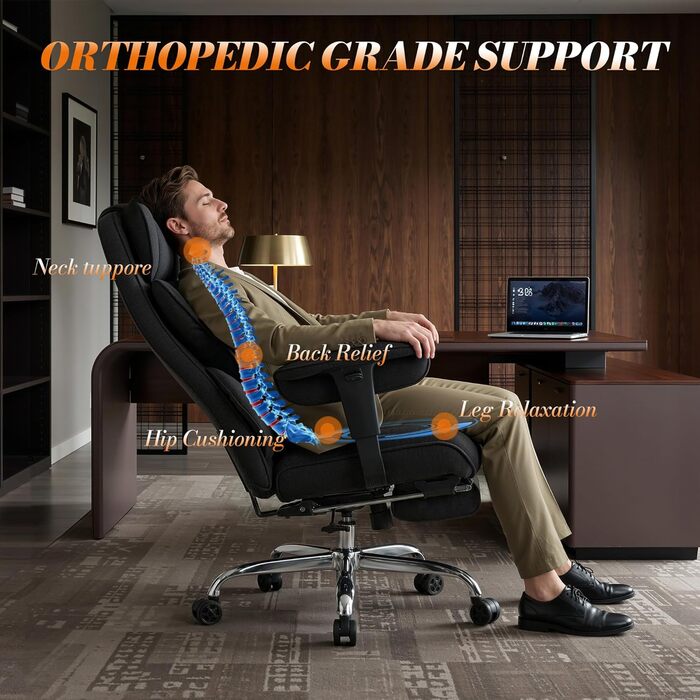 Ергономічний офісний крісло Efomao XXL до 200 кг з підставкою для ніг, чорний. Крісло для дому та офісу з товстою подушкою та високою спинкою.