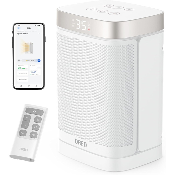 Електричний обігрівач Dreo Atom One S: тихий, енергоефективний, з Wi-Fi, пультом керування та 12-годинним таймером, 1500W, 3 режими, 3 швидкості, PTC кераміка, білий