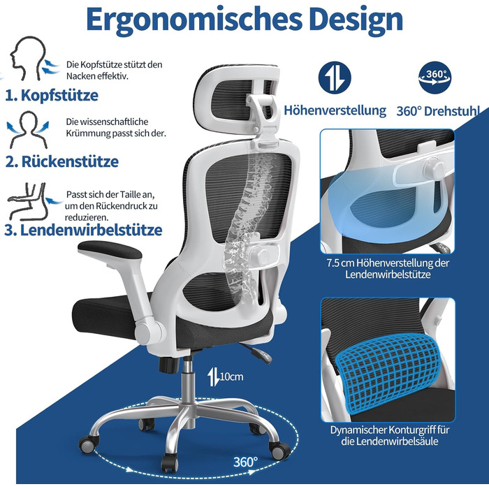 Офісне крісло TRALT Ergonomiczne - ігрове крісло з регульованою підголівником та підтримкою попереку, для дому та офісу, комп'ютерне крісло для великих людей, сітчасте крісло, 150 кг (білий, чорний)
