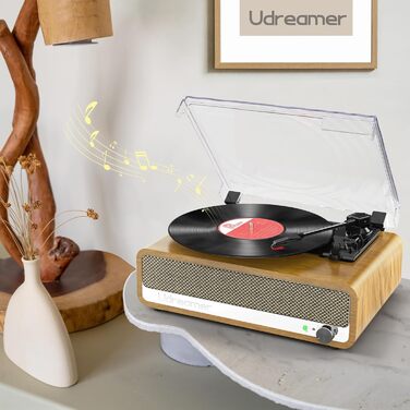 Вініловий програвач Udreamer з Bluetooth, динаміками, USB, AUX, RCA, навушниками, 3 швидкості, ремінний привід, дзеркальний дизайн, золотий, вінтажний стиль