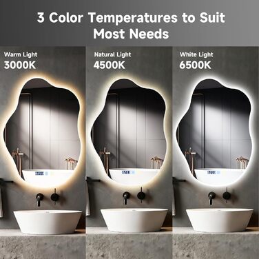 Дзеркало для ванної кімнати з підсвічуванням 50x70 см, з підігрівом, годинник, LED-підсвічування, сенсорна кнопка, функція пам'яті, 3 кольори світла, регулювання яскравості