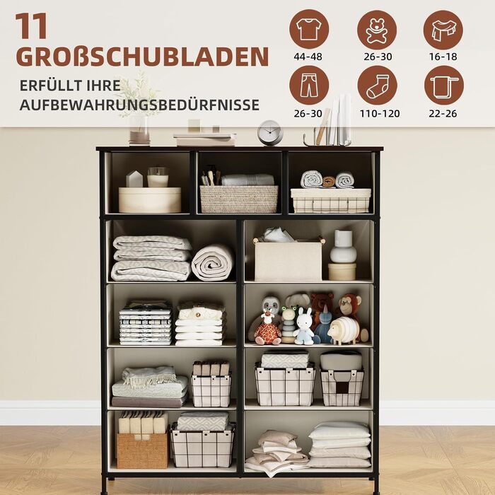 Комод з шухлядами Somdot, тканинний комод, комод для спальні, вітальні, передпокою, 5/11 шухляд, білий, штучна шкіра (кольори: котравий сірий, 30T x 100B x 118.5H см)