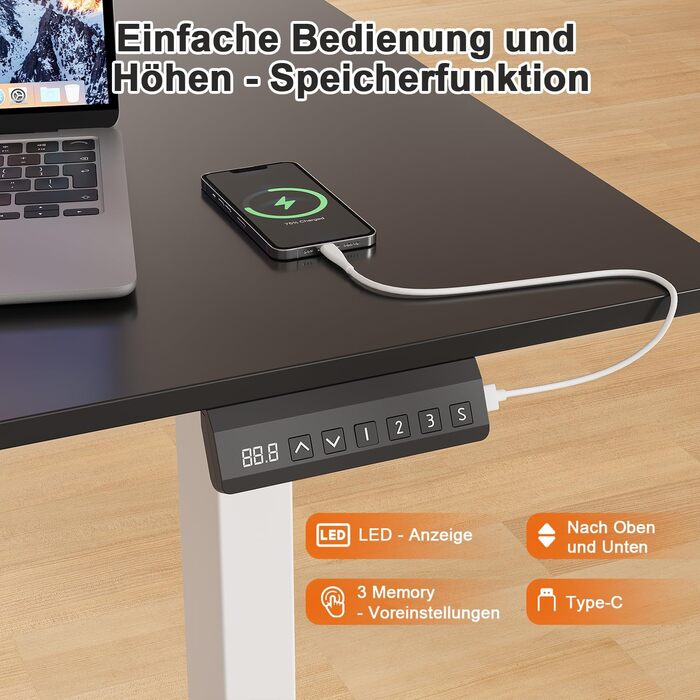 Регульований стіл JUMMICO з міцним підйомним механізмом (2 мотори, 3 пам'яті) 100x140 см, білий