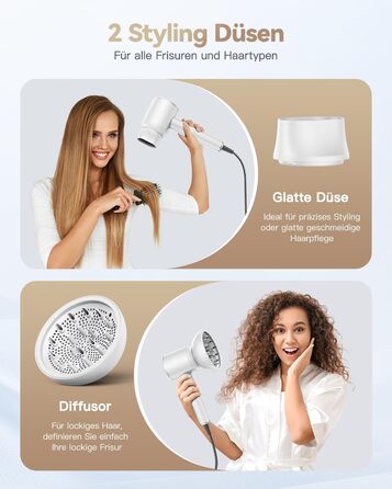 Іонний фен для волосся DEWILY з дифузором 1800Вт, 3 температурні режими, компактний дорожній фен для кучерявого волосся, білий