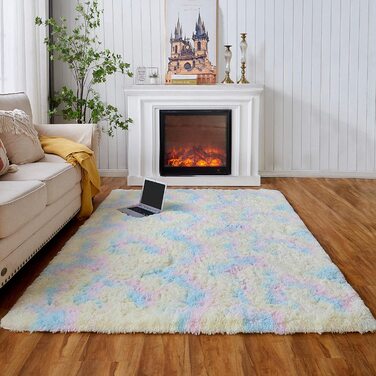 М'який пухнастий нековзний килим Evitany для спальні, волохатий килим з високим ворсом для вітальні, довгий ворс (90 х 160 см, Веселка)