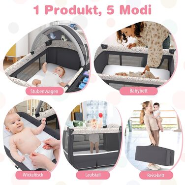 Дитяче туристичне ліжко COSTWAY 5 в 1 з матрацом, функція ліжечка-гойдалки, з регульованим козирком, пеленальний столик, музична іграшка та сумка для перенесення, до 15 кг (квітковий принт)