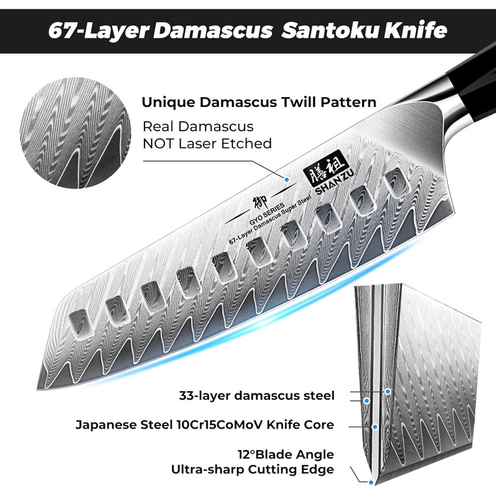 SHAN ZU Кухонний ніж з дамаської сталі, 15 см, професійний, Santoku, 67 шарів, нержавіюча сталь, японська сталь 10Cr15Mov, G10 ручка, серія GYO