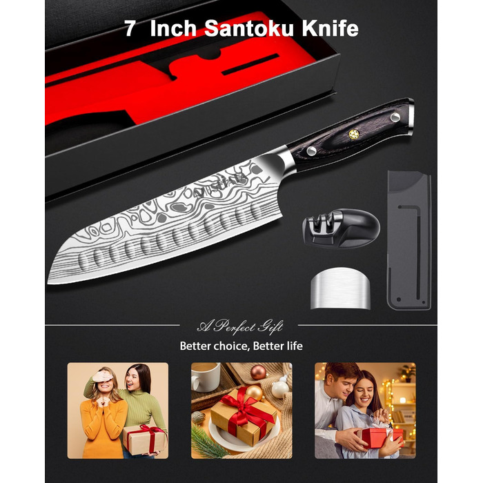 Ніж кухарський MOSFiATA Santoku, професійний ніж для кухні, універсальний ніж з нержавіючої сталі, дуже гостре лезо, з подарунковою коробкою 7