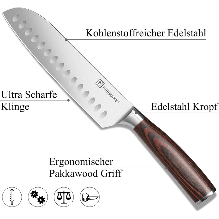 KEEMAKE Набір професійних кухонних ножів Santoku 18 см з карбонової сталі, ергономічна ручка