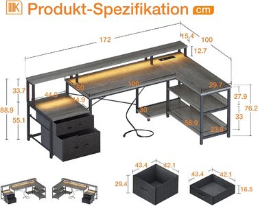 Кутовий стіл ODK L-подібної форми з шухлядами, реверсивний, великий, з LED-підсвічуванням та розеткою, 172.5×100 см (грау-дуб)