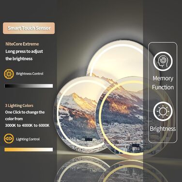 Дзеркало для ванної кімнати LUVODI круглої форми з підсвічуванням: LED дзеркало 60 см з фоновою та фронтальною підсвіткою, 3 кольори, регулювання яскравості, сенсорне управління, антизапар, енергозбереження, для ванної кімнати, гостьового туалету (Bluetoo