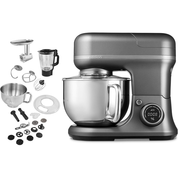 Кухонна машина MEDION Titan: Міксер, м'ясоподрібнювач, 3-в-1, 5 л чаша з нержавіючої сталі, 1200 Вт, натерти, нарізати, цифровий дисплей, 18430