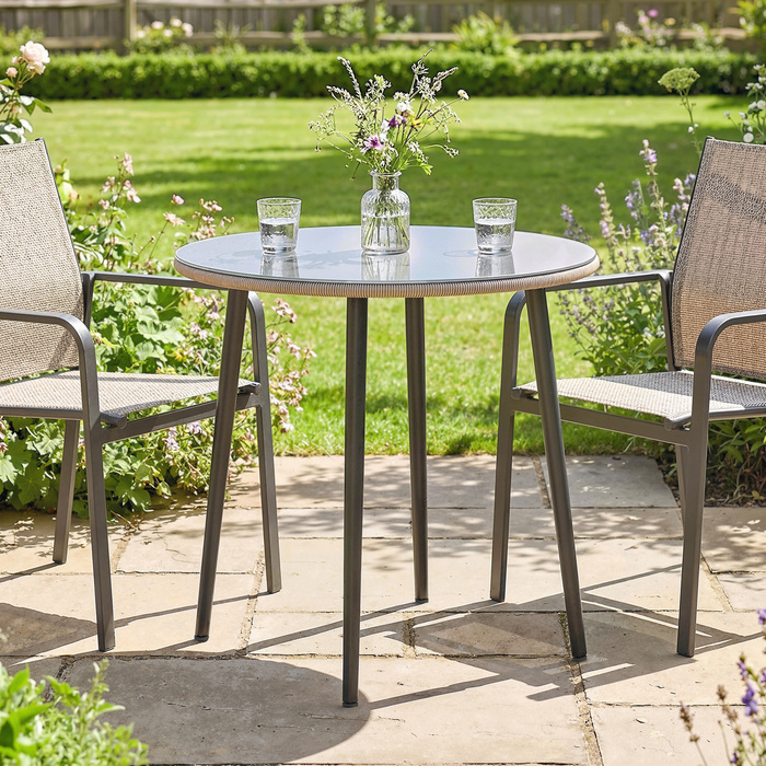 Садовий стіл зі сталі, буфет-стіл зі сталевим каркасом, обплетенням з PE-ротангу, регульованими ніжками, на 4 особи, 80 x 80 x 74 см, сірий