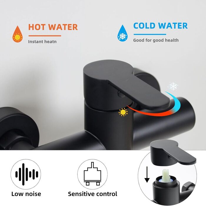 Змішувач для ванни PHASAT з витяжною лійкою, чорний, настінний монтаж, PTBB13E Long spout