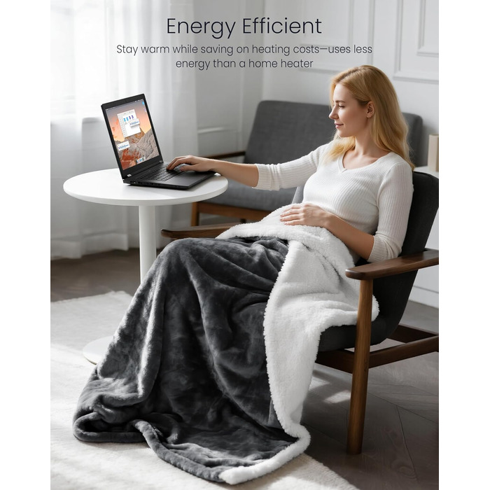 Електрична ковдра AnySun 200x180 см з автовимкненням, 6 рівнів нагріву, таймер 10 годин, захист від перегріву, сіра, для ліжка, дивану, машинне прання