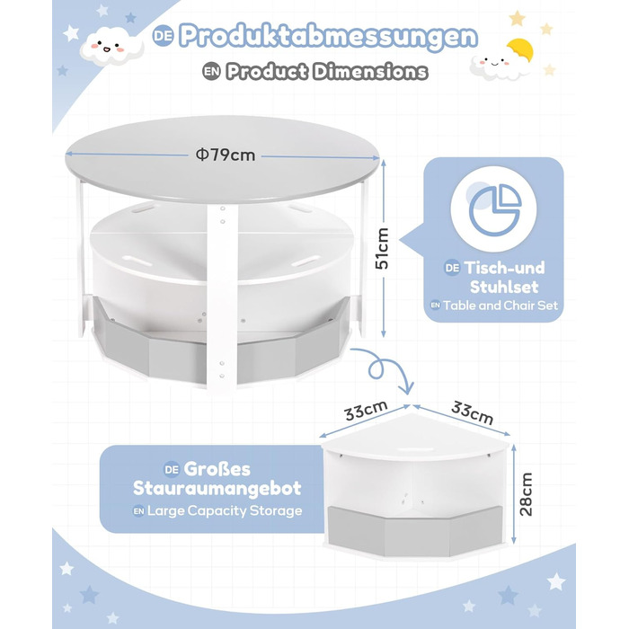Дитячий стіл Yorbay з 4 стільцями для зберігання, дерев'яна дитяча зона відпочинку, стіл для малювання для дитячої кімнати (сірий)