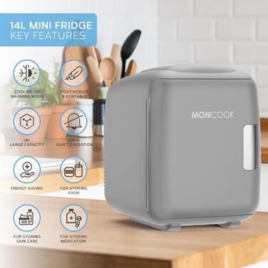MINI-холодильник MONCOOK для спальні - Компактний, портативний та тихий міні-холодильник для догляду за шкірою. Функція охолодження та підігріву. Ідеально для дому, офісу, авто або подорожей. Білий (14L)