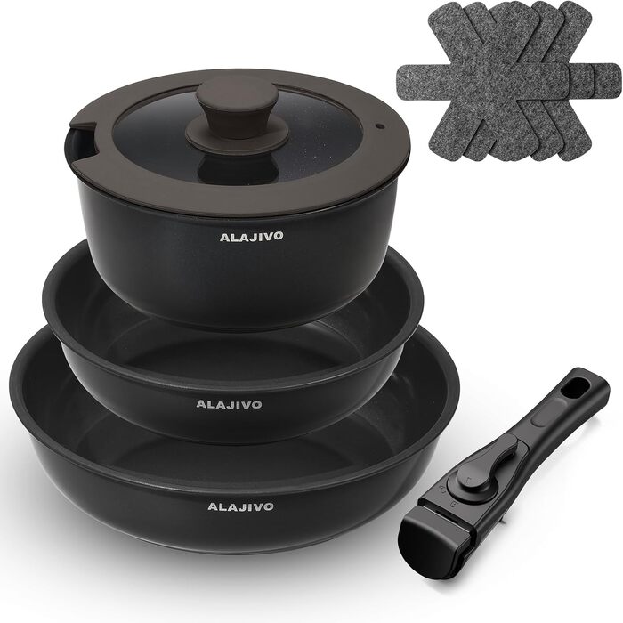 Набір каструль та сковорідок 9-ти частинний з антипригарним покриттям, для всіх типів плит, включаючи індукційні, сумісний з духовкою (темно-сірий)