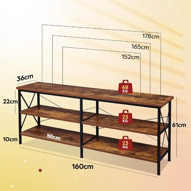 Тумба під телевізор WLIVE TV Schrank - 160 x 36 x 61 см, для телевізорів до 70 дюймів, з відкритими полицями, для вітальні та спальні, в стилі Vintage Braun
