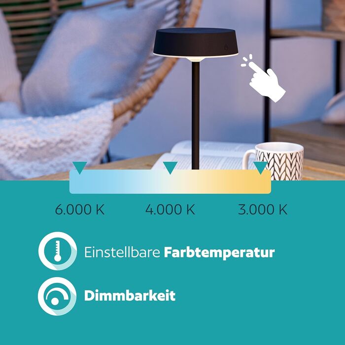 LED сонячна настільна лампа EGLO Simeri для вулиці, бездротова, акумуляторна, сенсорне регулювання яскравості, металева, IP54, білий, тепле/нейтральне/холодне біле світло