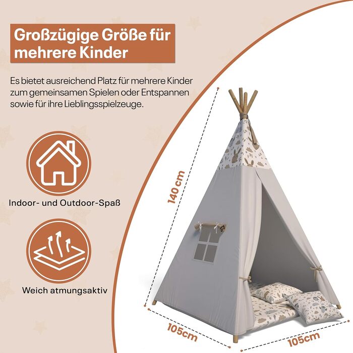 Тіпі-намет для дітей | Ігровий намет для дитячої кімнати | Намет-вігвам з м'якими подушками | Міцний намет-вігвам у стилі індіанців | Безпечний намет-вігвам для дому | Сірий намет-вігвам з тваринами для дитячої кімнати