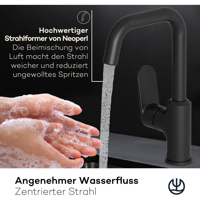 Змішувач для ванної кімнати KLUDI-X1 з висувною корковою пробкою, поворотний на 360°, висота виливу 205 мм, водозберігаючий, розмір L, з підключенням до шлангів (без зливної арматури, матовий чорний)