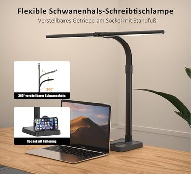 LED настільна лампа LOTTBUTY з гнушим шийкою, 24W, 80см, для офісу та дому, з підставкою для телефону (чорний)
