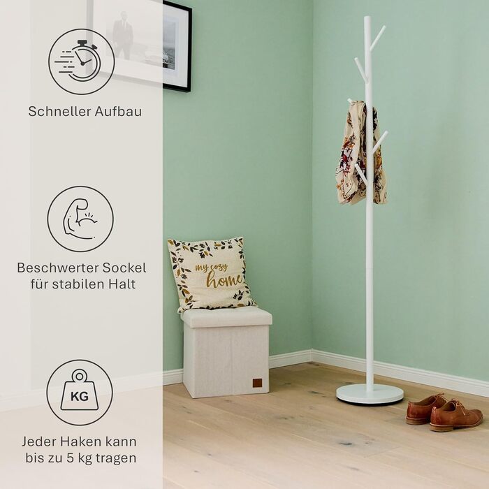 Настінний вішак для одягу Loft - металевий, білий, 5 гачків, 170 см - для прихожей, спальні, офісу