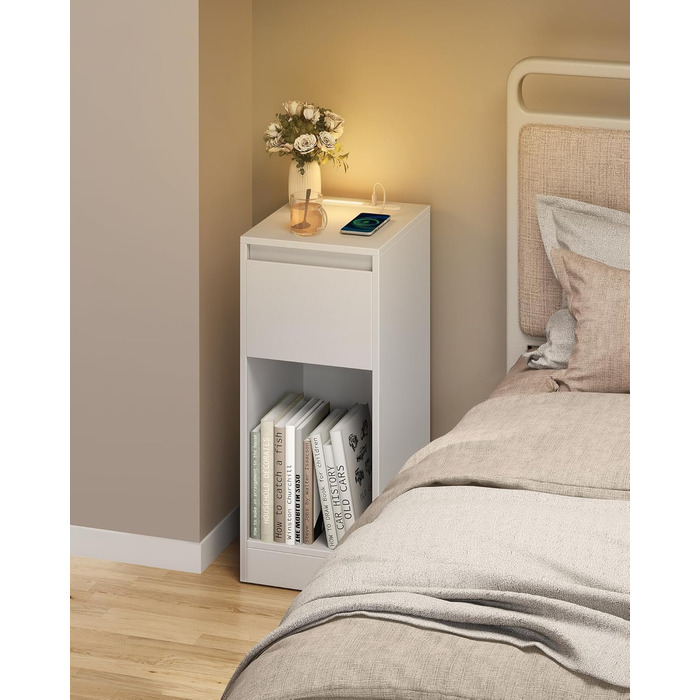Приліжкова тумбочка VASAGLE з LED-підсвічуванням, USB-A та USB-C, з шухлядою та відкритим відсіком, для спальні/вітальні, білий колір LET610W01