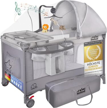 Дитяче ліжко-манеж All Kids United® для подорожей з матрацом, пеленальним столиком, музичним провідником та мобілем (сірий)