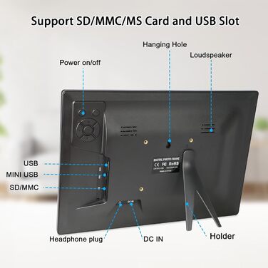 Цифровий фоторамка TSITSC 8.7 дюйма, IPS-дисплей 1024*768, календар, музика, фото- та відеоплеєр, підтримка USB/SD, з пультом ДУ (Чорний)
