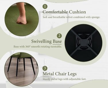 4 крісла з оксамиту для їдальні, обертаються на 360°, кухонні крісла з підлокітниками, м'які бокові крісла для дому, офісу, вітальні (53*58*78 см, зелені)