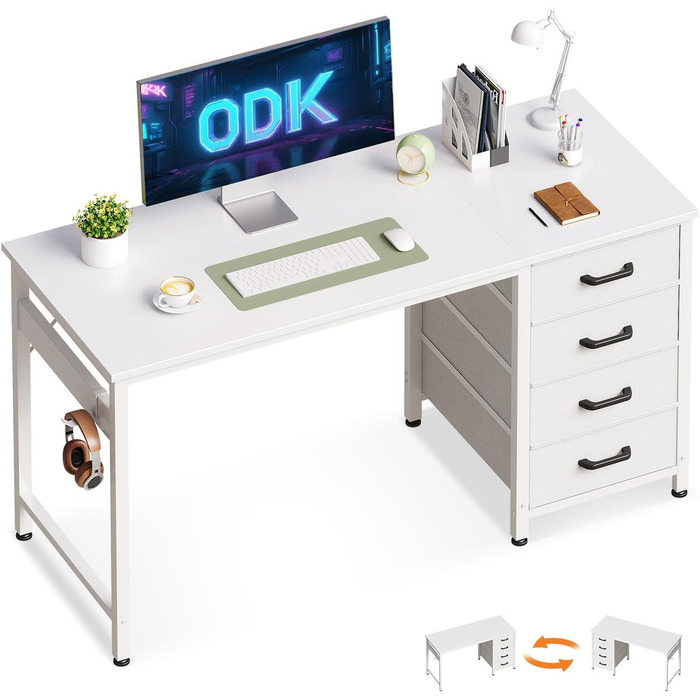 Комп'ютерний стіл ODK з 4 шухлядами 120x48x75.7 см, білий, з тримачем для навушників