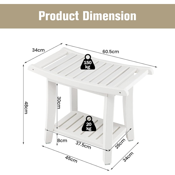 Душова лавка LIFEZEAL з 2 полицями, ванна кімната, стілець для душу, 150 кг, біле, 60,5x34x48 см