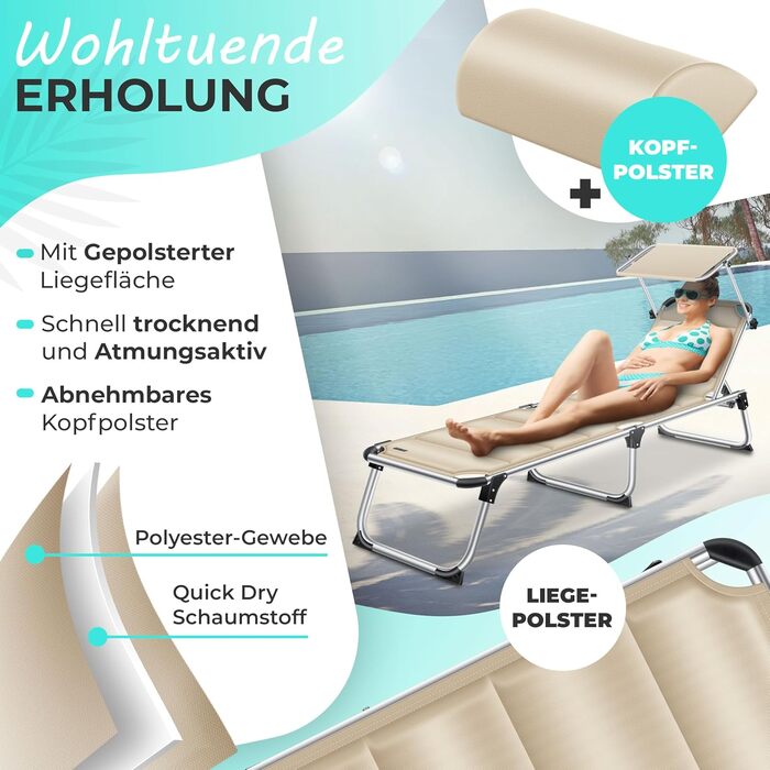 Кесер® Розкішна сонцезахисна лежанка Sun з дахом для саду, розкладний лежак, регульована спинка, ергономічний м'який матеріал, алюмінієвий каркас, портативна, для відпочинку, бежевий колір