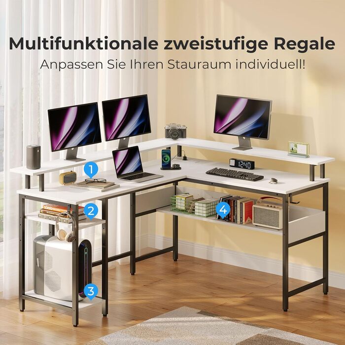 Ігровий стіл Rolanstar L-подібної форми з LED-підсвічуванням та розеткою, 137 x 108 см, комп'ютерний стіл з підставкою для монітора та місцем для зберігання, реверсивний кутовий стіл для офісу, домашнього офісу (Білий)