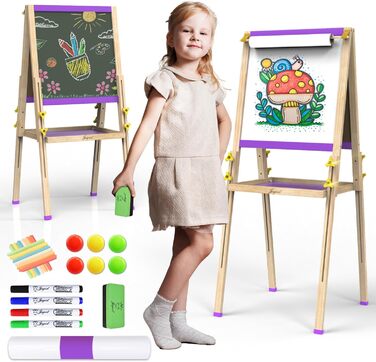 Мольберт Joyooss для дітей, регульований, дерев'яний, двосторонній, сухий маркер, з аксесуарами для малювання, подарунок для малюків 4-8 років (РОЖЕВИЙ)